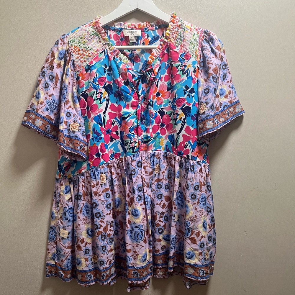 Umgee Floral Patchwork Blouse - Pink, Blue, and Brown - Picture 1 of 6